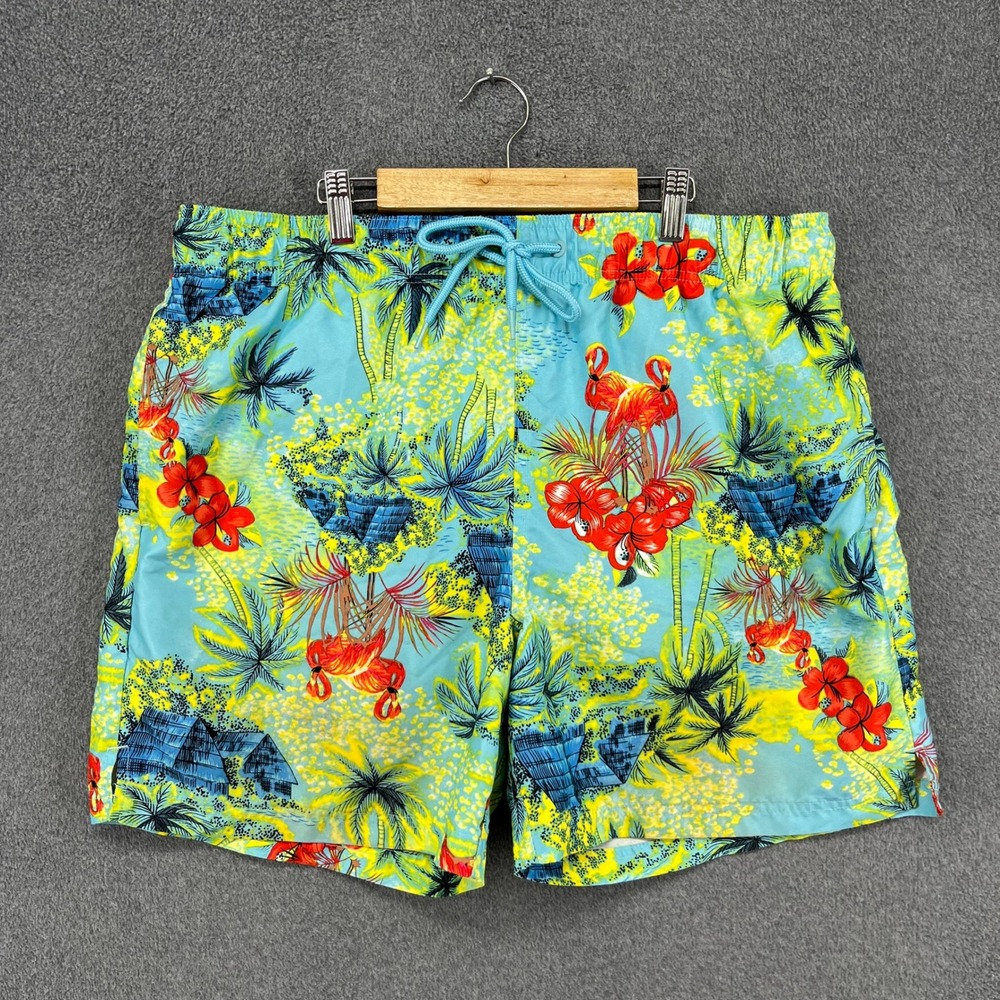 George Flamingo Palm Tree Print Swim‎ Trunks Men's L G Blue Tropical